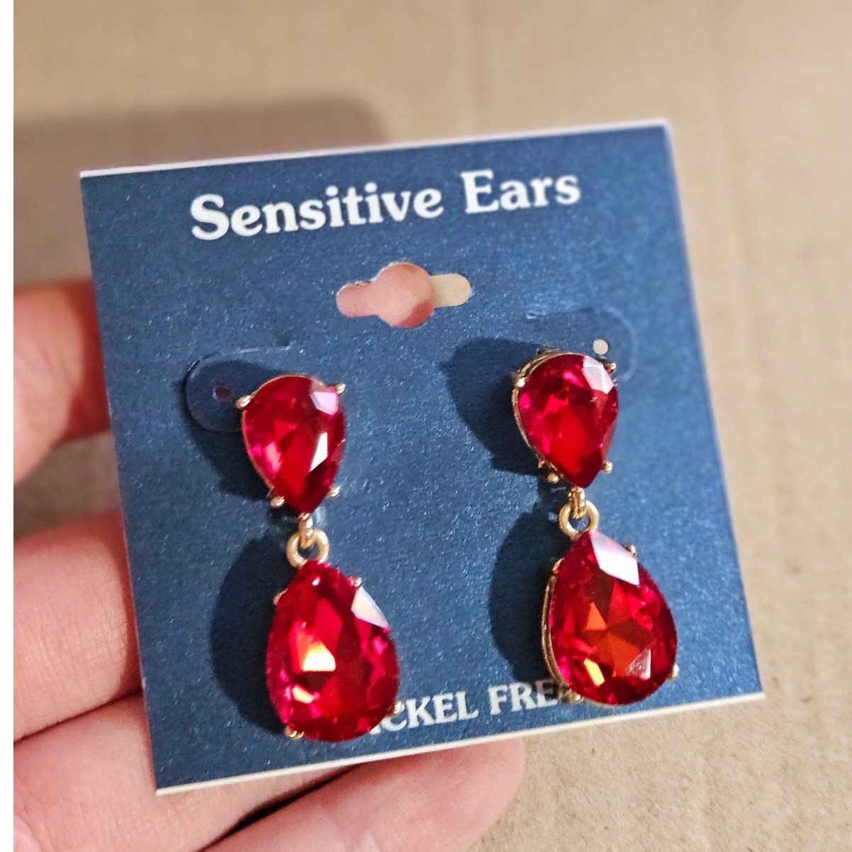 Sensitive Ears Blood Red Costume Cut Glass Drop Earrings ~ Whimsygoth Glam
